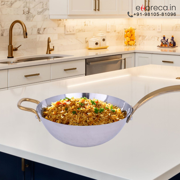 SS Hammered Serving Wok with Brass Handle