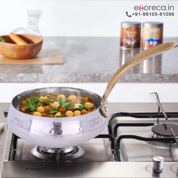 Hammered SS Belly Serving Pan with Brass Handle